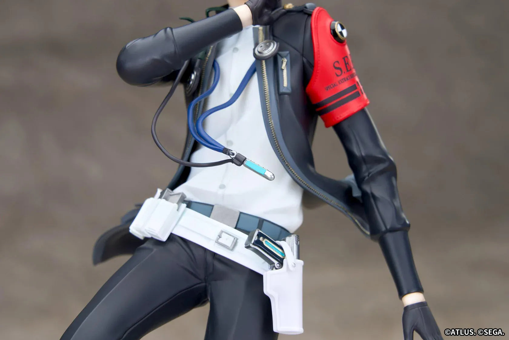 Persona 3 Reload Limepie Protagonist 1/8 Scale Figure with blue hair, black jacket, S.E.E.S. armband, headphones, and themed display base
