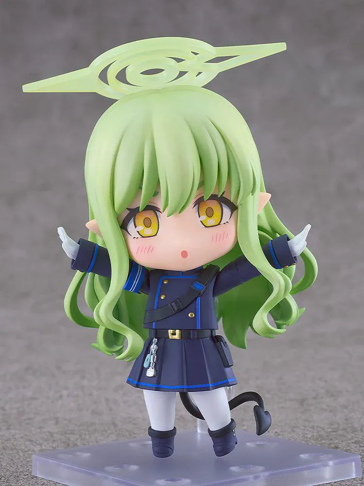 Blue Archive Nendoroid Hikari Tachibana Figure featuring Hikari with light green hair, golden eyes, oversized officer cap, academy uniform, and halo-style effect piece.