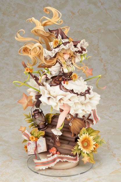 Touhou Project Marisa Kirisame 1/8 scale figure with flowing blonde hair, frilled witch dress, sunflowers, lantern, and detailed fantasy base.