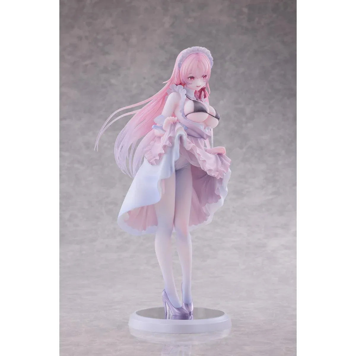 Maid Oneesan Cynthia Different Color Ver. 1/6 Scale Figure illustrated by Yukimiya Yuge, featuring a pink-haired anime girl in a frilly pink and white maid outfit with a black top, white stockings, and high heels.