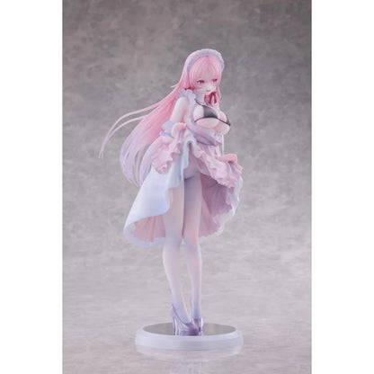 Maid Oneesan Cynthia Different Color Ver. 1/6 Scale Figure illustrated by Yukimiya Yuge, featuring a pink-haired anime girl in a frilly pink and white maid outfit with a black top, white stockings, and high heels.