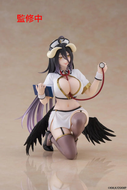 Overlord Desktop Cute Albedo (Nurse Ver.) Figure featuring Albedo in a white nurse outfit with wings, stethoscope, and elegant smile.