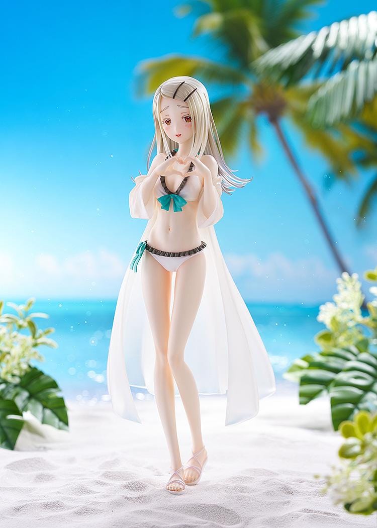 The Idolmaster Gakuen Hiro Shinosawa Swimsuit Ver 1/7 scale figure with straw hat, white swimsuit, and translucent beach cover-up on sand-style base