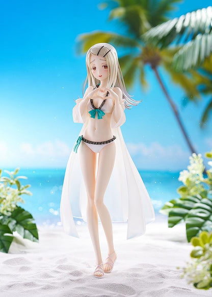 The Idolmaster Gakuen Hiro Shinosawa Swimsuit Ver 1/7 scale figure with straw hat, white swimsuit, and translucent beach cover-up on sand-style base