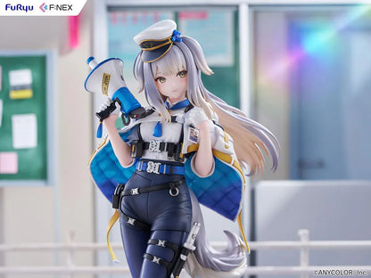 Nijisanji Ruri Shioriha 1/7 scale figure featuring megaphone accessory, silver hair, and detailed blue-and-white outfit