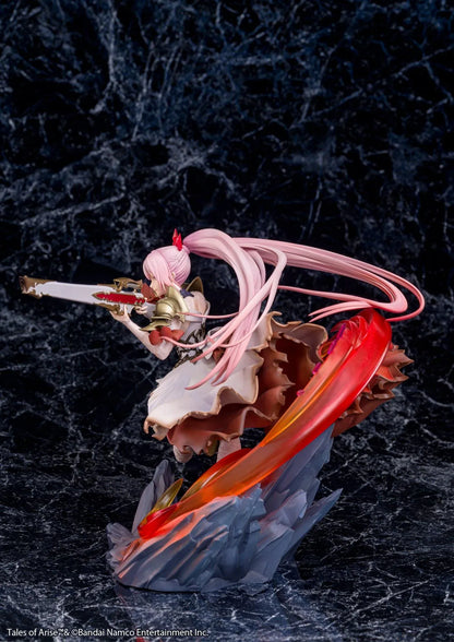 Tales of Arise Shionne 1/7 Scale Figure featuring a pink-haired anime character with blue eyes, an ornate white battle dress, gold armor, and lace stockings, aiming a detailed rifle while suspended in a dynamic pose surrounded by translucent red and orange effects on a rocky display base.