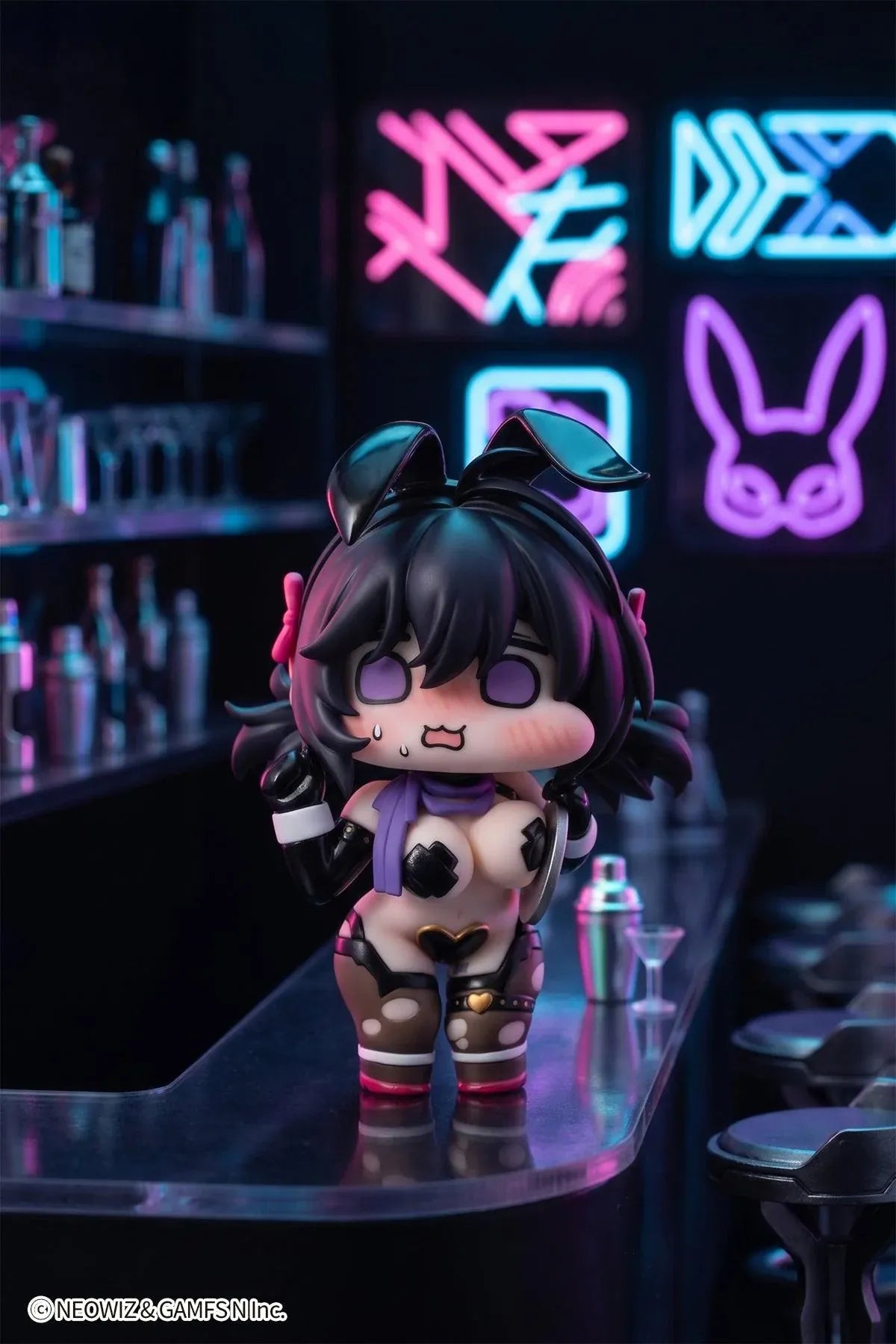 Brown Dust 2 Celebrity Bunny Loen-chan x illustration by JAZZ JACK Non Scale Figure featuring Loen-chan in a glossy black bunny-inspired outfit with purple scarf, twin-tail hair, and bunny ear accents.