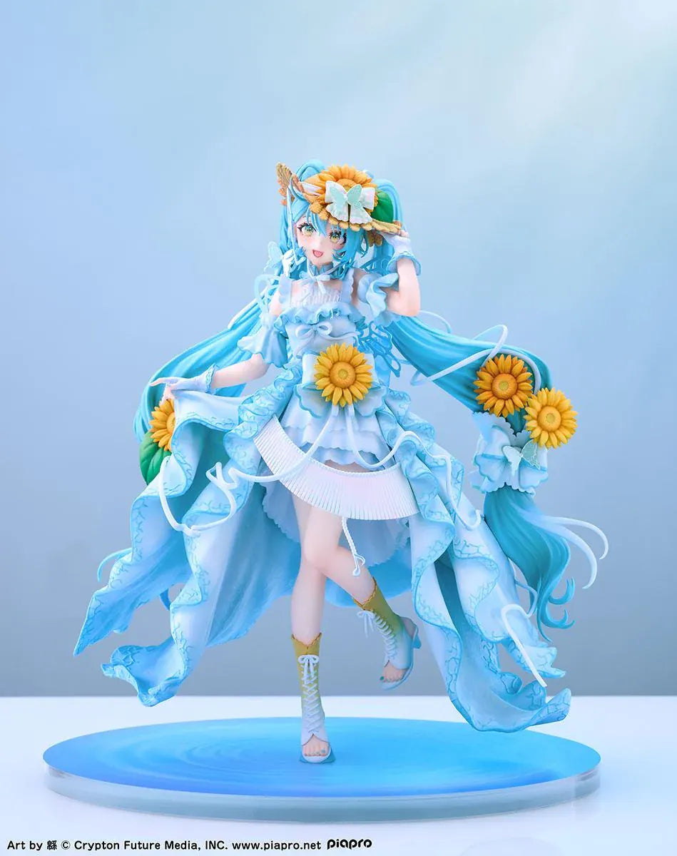 Vocaloid Hatsune Miku Magical Mirai 2026 Ver. 1/7 scale figure wearing a flowing blue dress decorated with sunflowers and elegant ribbons