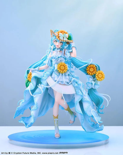 Vocaloid Hatsune Miku Magical Mirai 2026 Ver. 1/7 scale figure wearing a flowing blue dress decorated with sunflowers and elegant ribbons