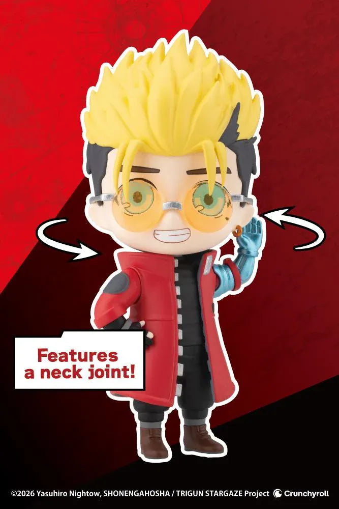 TRIGUN STARGAZE Oshi Works Mini Vash the Stampede figure with blond hair, amber glasses, red coat, toothy grin, and raised mechanical arm.