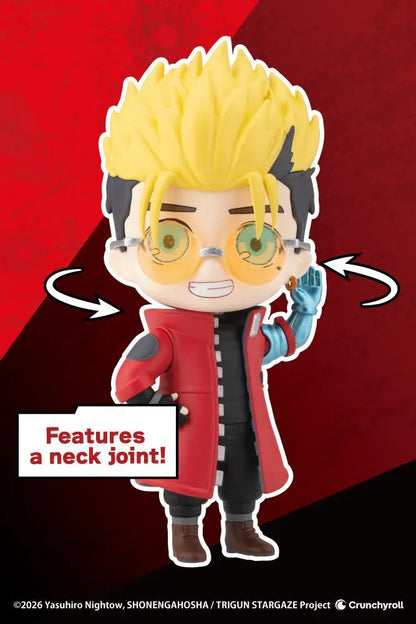 TRIGUN STARGAZE Oshi Works Mini Vash the Stampede figure with blond hair, amber glasses, red coat, toothy grin, and raised mechanical arm.