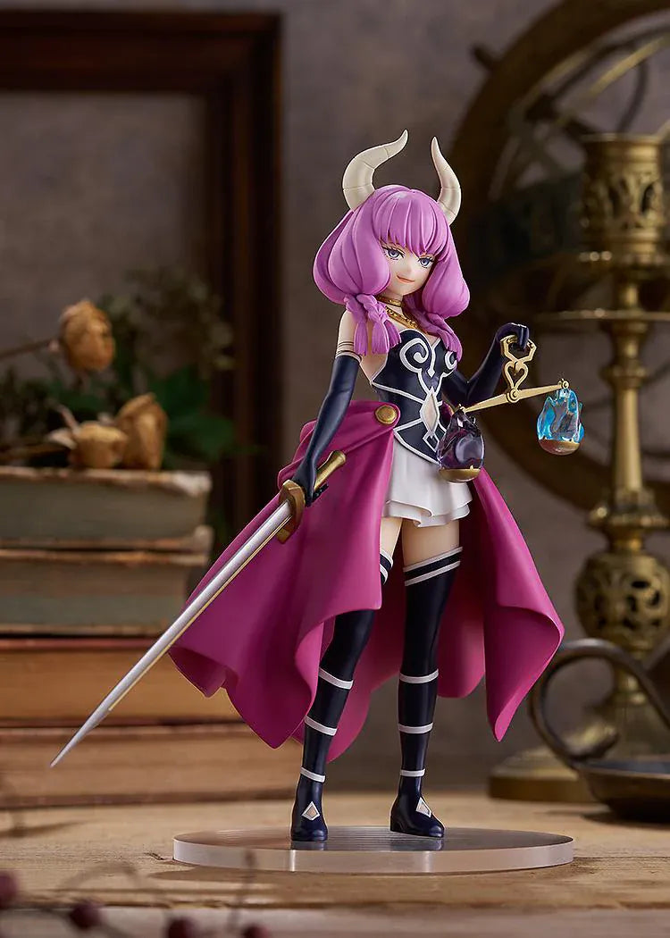 Frieren Beyond Journey's End POP UP PARADE Aura Figure with pink hair, horns, magenta cape, sword, and scale accessory