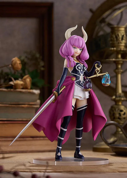 Frieren Beyond Journey's End POP UP PARADE Aura Figure with pink hair, horns, magenta cape, sword, and scale accessory