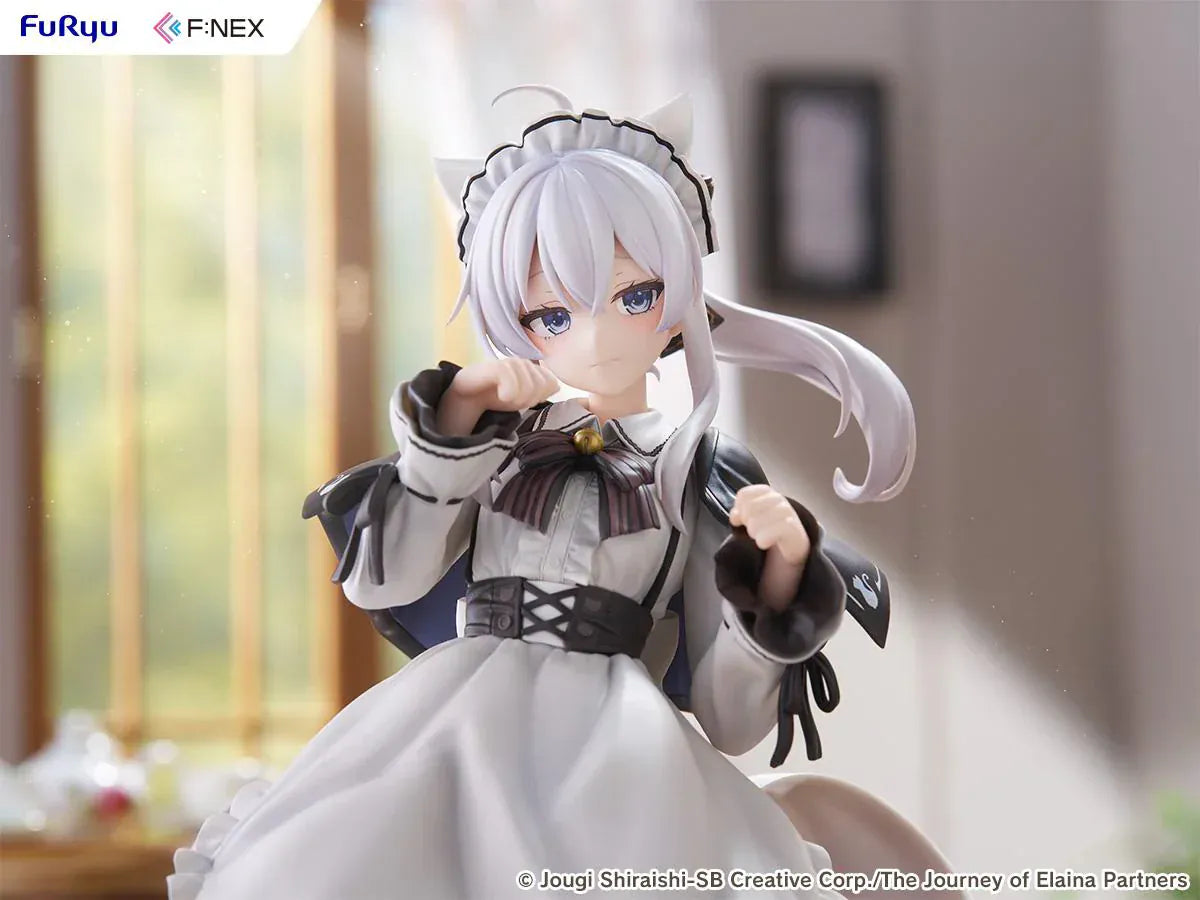 Elaina maid costume with cat ears scale figure from Wandering Witch, standing in a pawing pose with frilled monochrome dress and flowing twin-tail hair.