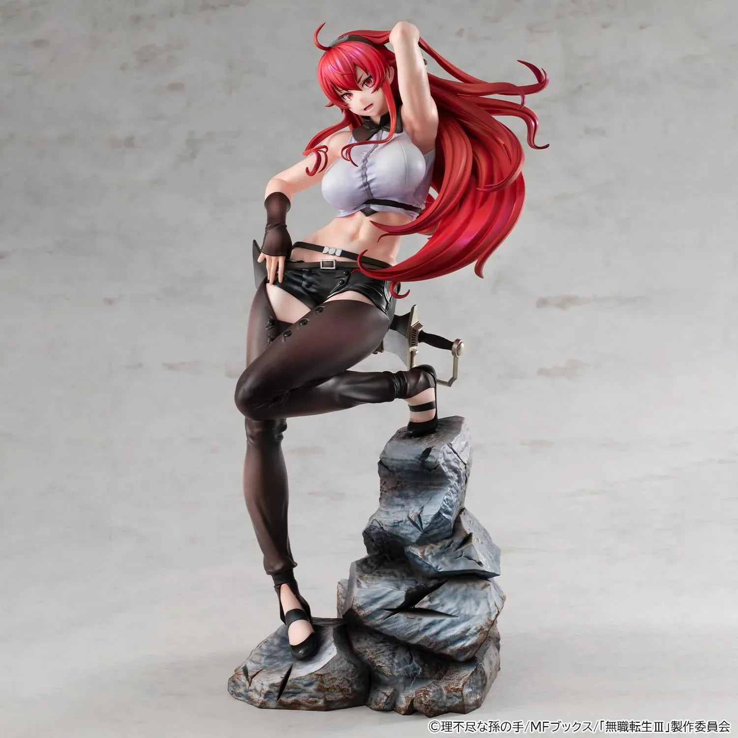 Mushoku Tensei Lucrea Eris Boreas Greyrat Figure with flowing red hair, black and white outfit, and detailed rocky display base
