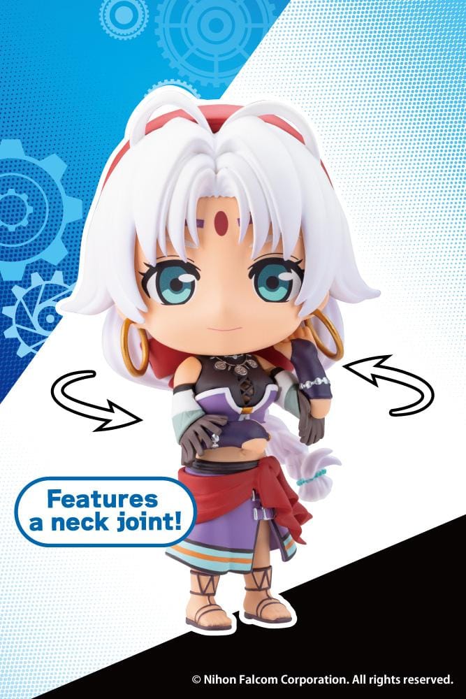 Trails in the Sky Oshi Works Mini Scherazard Harvey figure with white hair, turquoise eyes, gold-colored hoop earrings, purple outfit, and red sash.