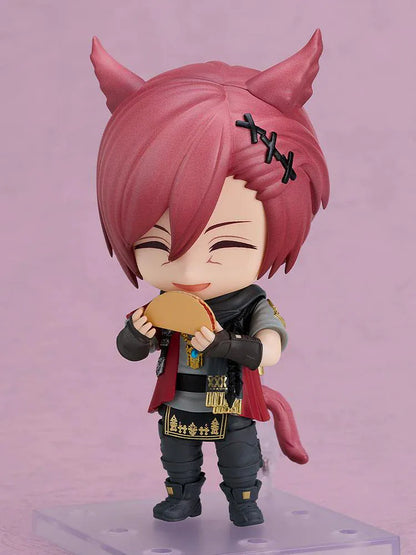 Final Fantasy XIV Nendoroid G'raha Tia Figure with red hair, cat ears, tail, cape, and staff weapon accessory