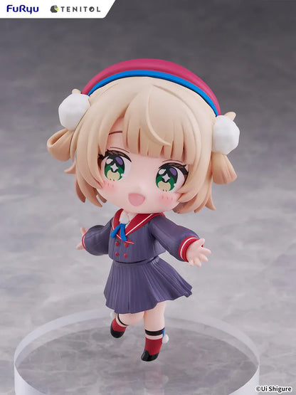 Ui Shigure Tenitol Mini Ui Shigure Figure with blonde hair, green eyes, earmuffs, school uniform outfit, cheerful pose, and round display base
