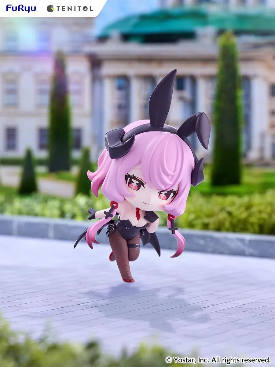 Stella Sora TENITOL Mini Bernina Bunny Figure by FuRyu featuring a pink-haired anime girl with reddish-pink eyes, black bunny ears, a black bunny outfit, fishnet tights, red accents, and bat-like wings in a playful pose.