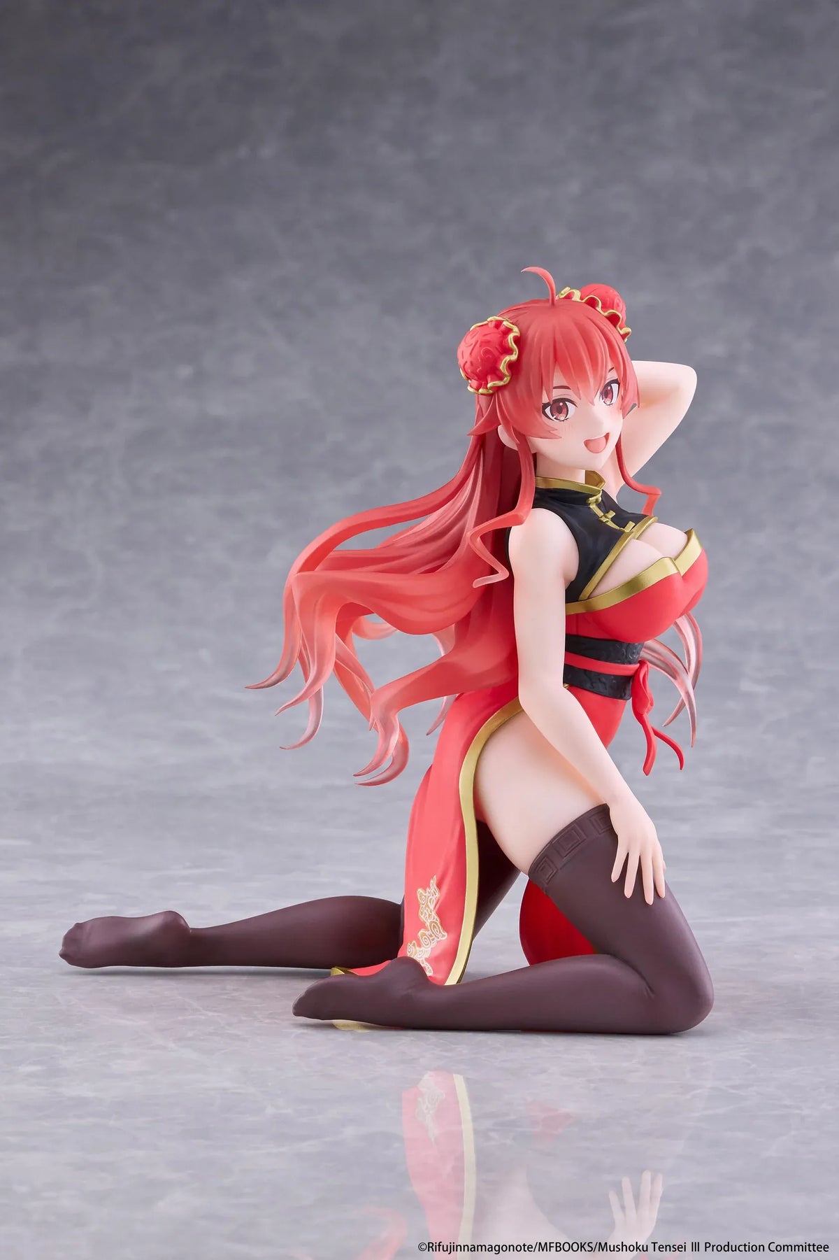 Mushoku Tensei Jobless Reincarnation Desktop Cute Eris Boreas Greyrat Chinese Dress Ver. Figure featuring long flowing red hair, red eyes, decorative twin buns, a red and black Chinese-inspired dress with gold accents, and dark thigh-high stockings in a playful kneeling pose.