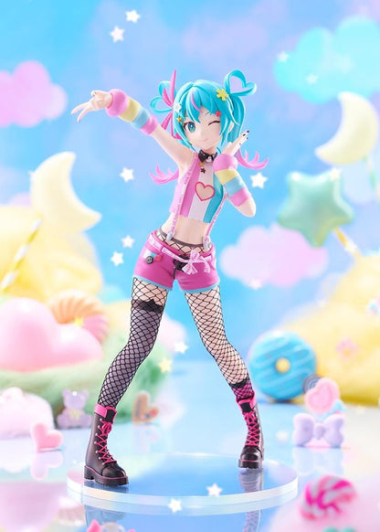 Hatsune Miku DecoMiku Lightness L Size figure with turquoise and pink twin-tails, a colorful cropped top, pink shorts, and black boots.