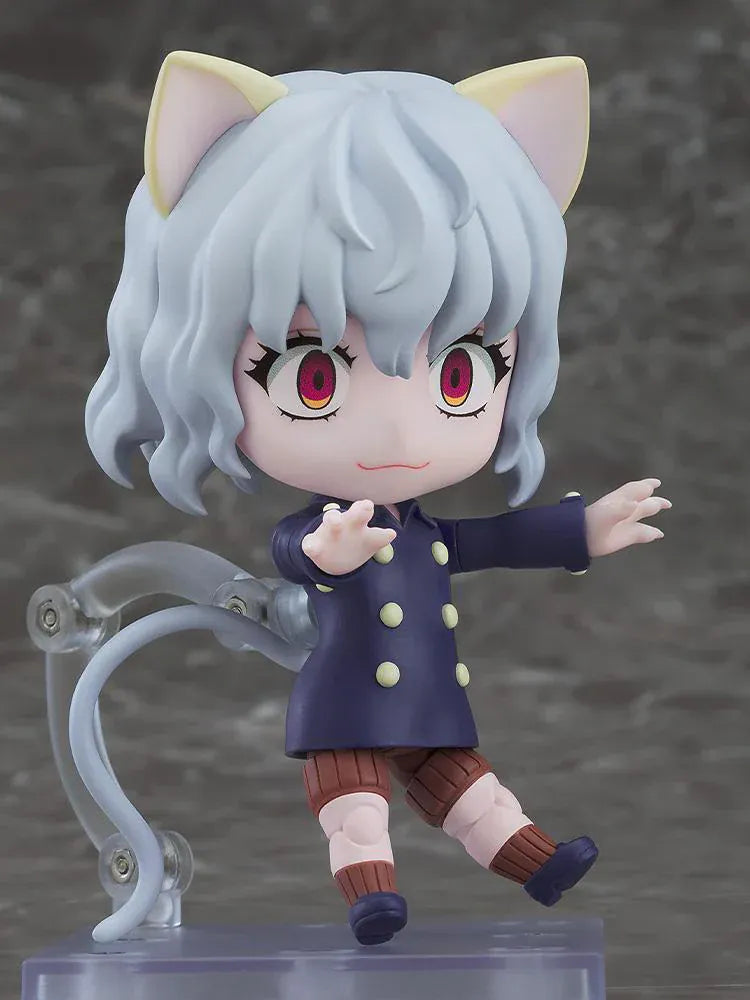 Hunter x Hunter Nendoroid No.2913 Neferpitou chibi figure with cat ears, curly hair, navy coat, and tail