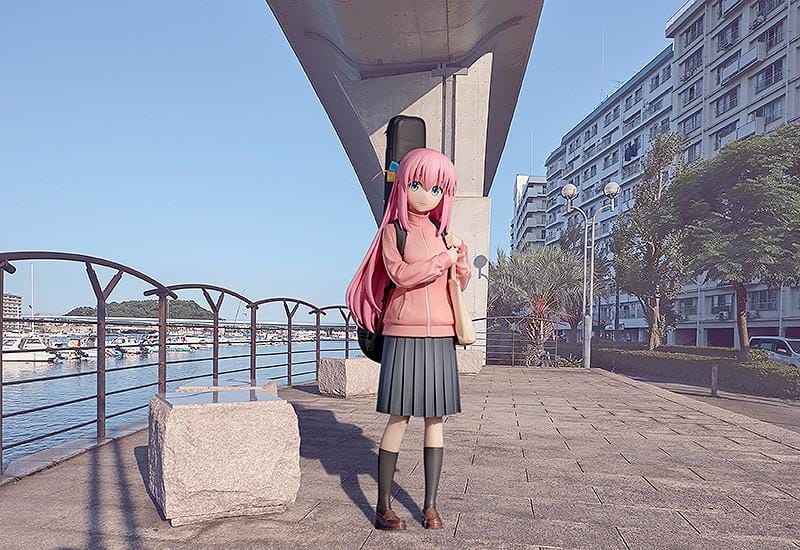 Bocchi the Rock Hitori Gotoh 1/7 scale figure rerelease featuring pink jacket, pleated skirt, and guitar case backpack
