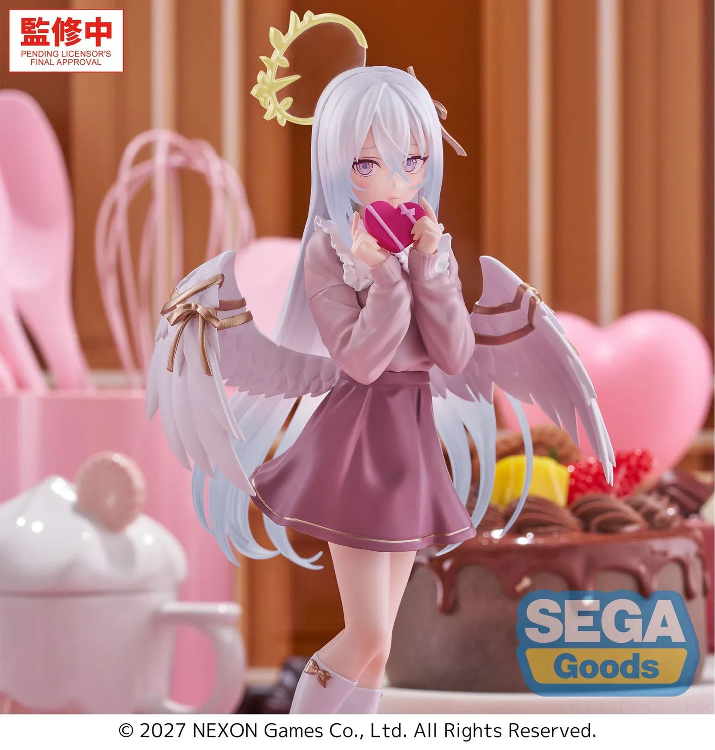 Blue Archive XStellar Azusa Happy Valentine Figure with white hair, angel wings, heart-shaped gift, and red heart display base