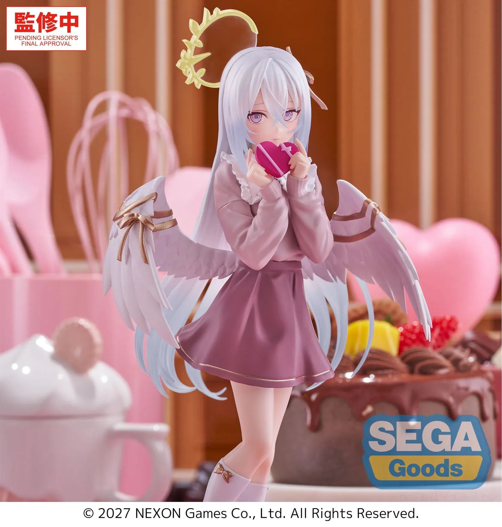 Blue Archive XStellar Azusa Happy Valentine Figure with white hair, angel wings, heart-shaped gift, and red heart display base