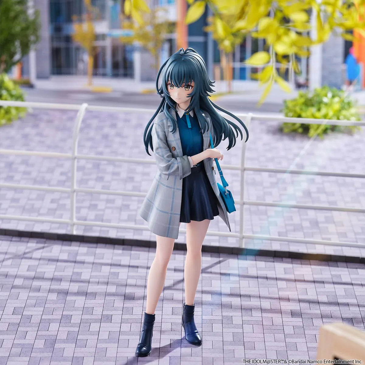The Idolmaster Gakuen Temari Tsukimura 1/6 scale figure wearing a plaid coat, blue blouse, pleated skirt, and carrying a shoulder bag.