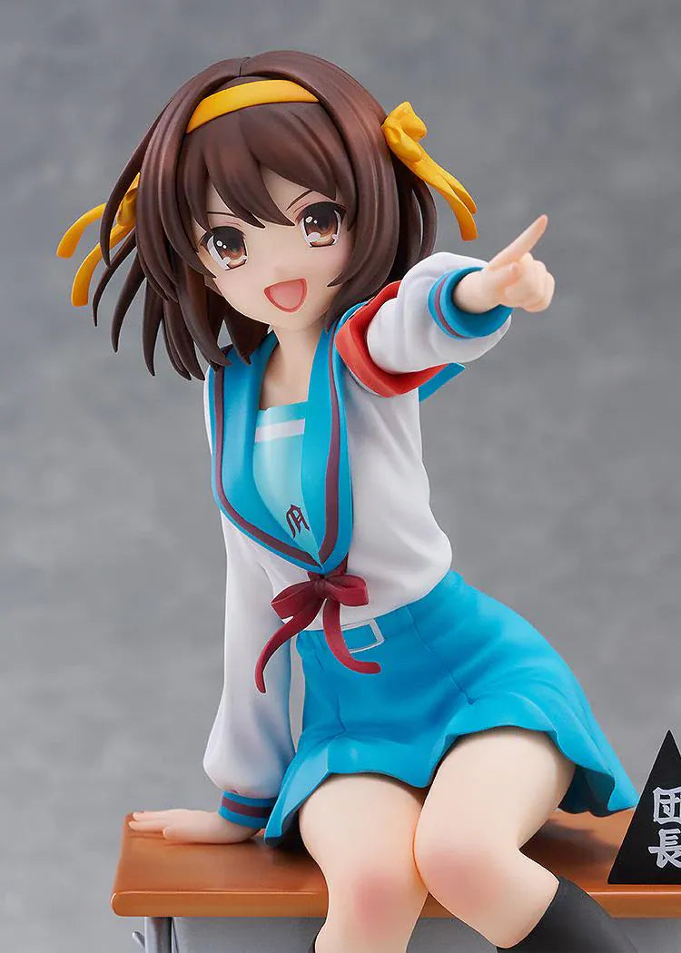 Haruhi Suzumiya 20th Anniversary 1/7 scale figure sitting on desk in school uniform