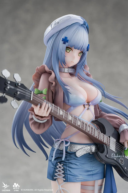Girls' Frontline Klukai 10th Anniversary 1/6 scale figure with pale blue hair, a beret, brown jacket, blue skirt, and black bass guitar.