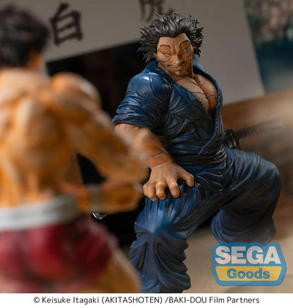 Baki Hanma Luminasta Musashi Miyamoto Figure in dark blue outfit with sword accessories and battle-ready pose