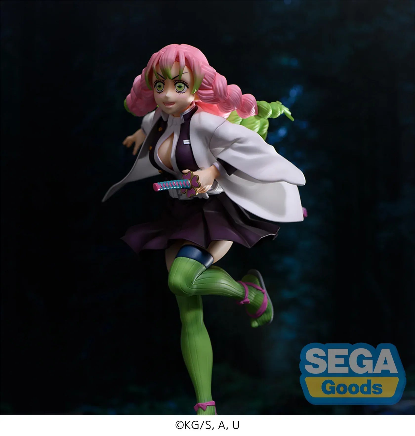 Demon Slayer Kimetsu no Yaiba FiGURiZMa Mitsuri Kanroji Figure Rerelease in dynamic pose with pink and green braided hair