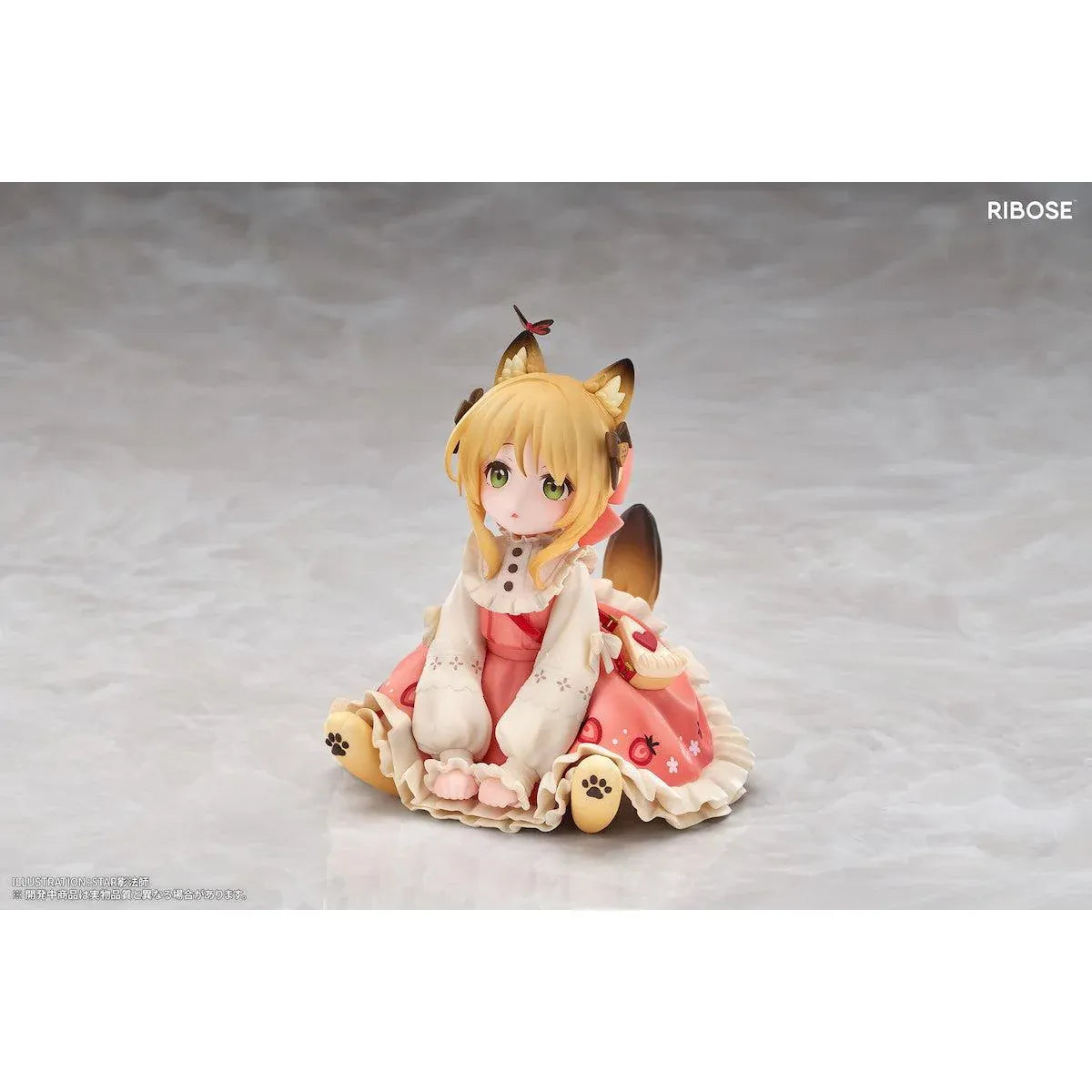 DLC Series Tea Time Cats Orange Cat Non Scale Figure by RIBOSE featuring an orange-haired cat girl with green eyes, a pink outfit, fluffy cat ears, and paw-shaped sleeves sitting beside a decorative pink teacup on a matching serving tray.