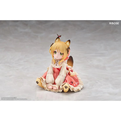 DLC Series Tea Time Cats Orange Cat Non Scale Figure by RIBOSE featuring an orange-haired cat girl with green eyes, a pink outfit, fluffy cat ears, and paw-shaped sleeves sitting beside a decorative pink teacup on a matching serving tray.
