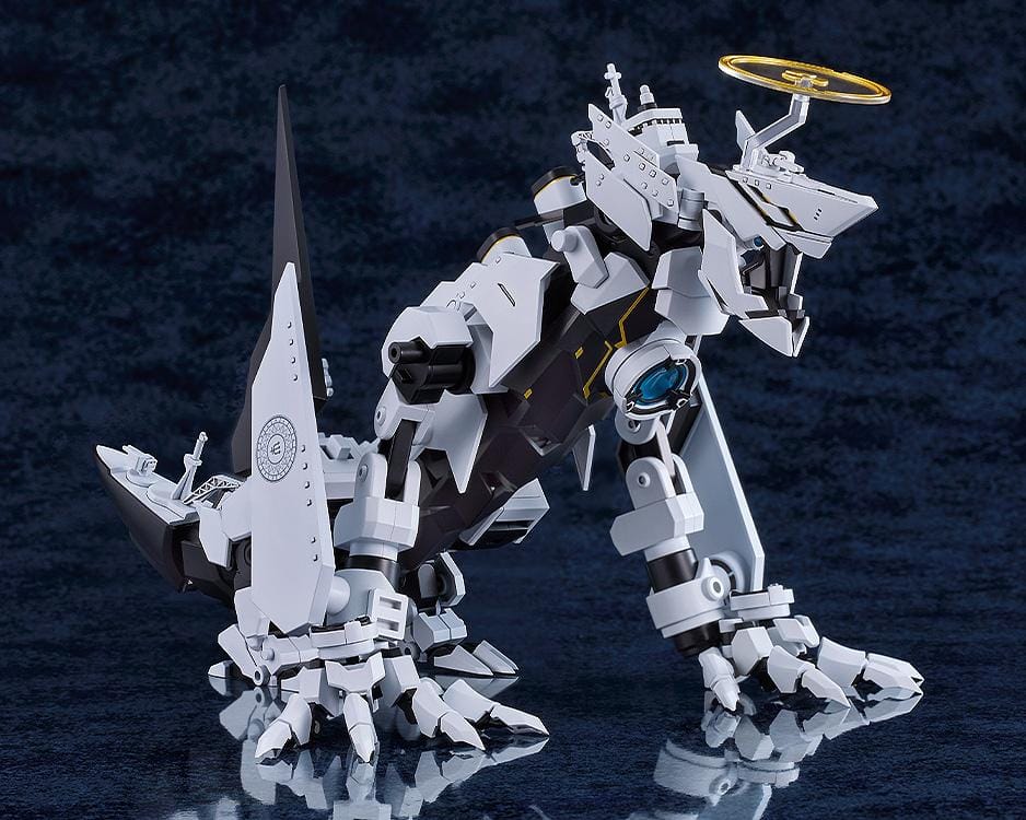 Blue Archive MODEROID Daath Model Kit featuring a white and black armored mecha design with gold effect parts and detailed mechanical styling