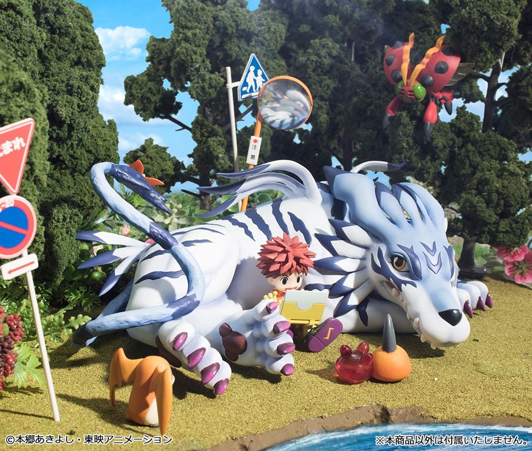 Digimon Adventure G.E.M. Series Garurumon and Ishida Yamato Rerelease figure with Garurumon in a crouched pose and Yamato seated beside him