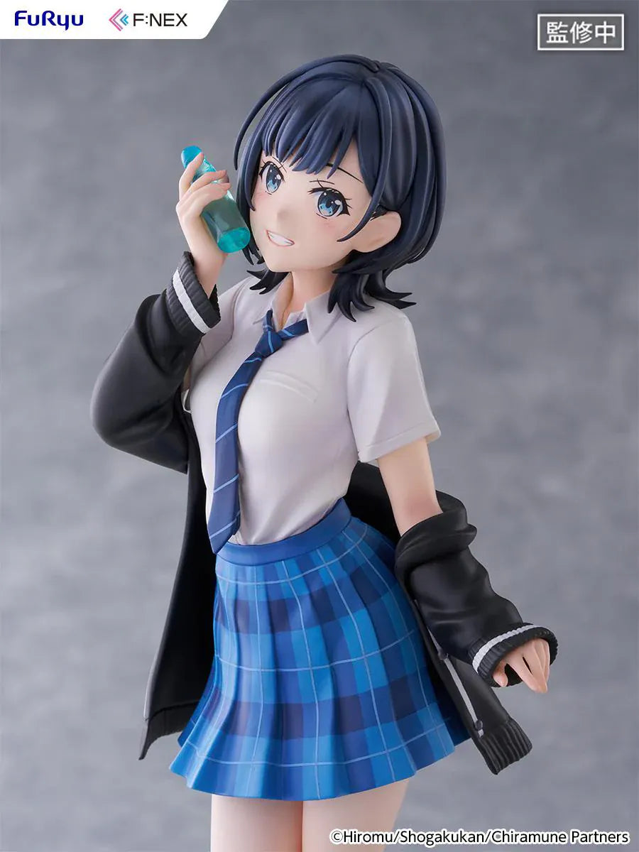 Chitose Is in the Ramune Bottle Yuzuki Nanase 1/7 Scale Figure with short dark hair, blue plaid skirt, school uniform outfit, drink bottle accessory, and display base