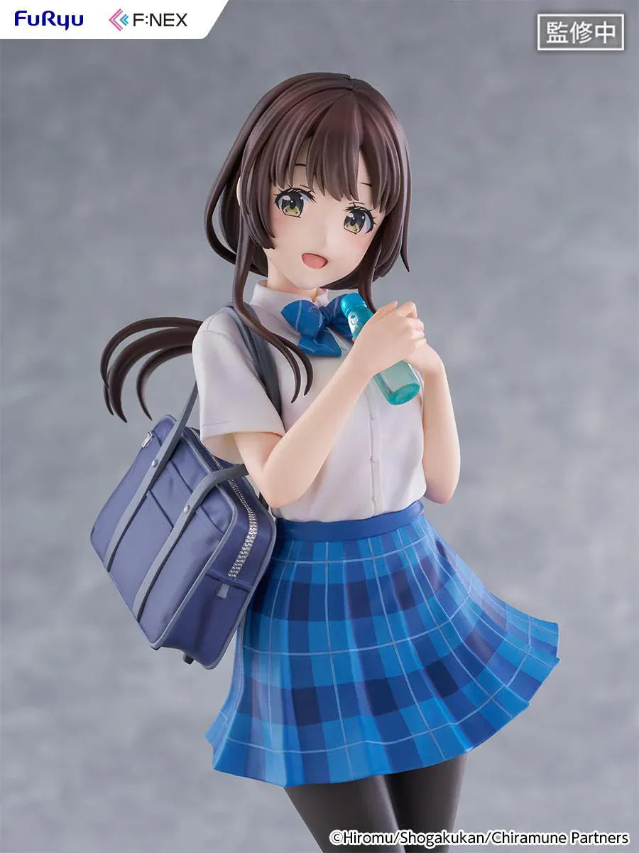 Chitose Is in the Ramune Bottle Yua Uchida 1/7 Scale Figure with brown hair, blue plaid skirt, school uniform outfit, shoulder bag, drink bottle accessory, and display base