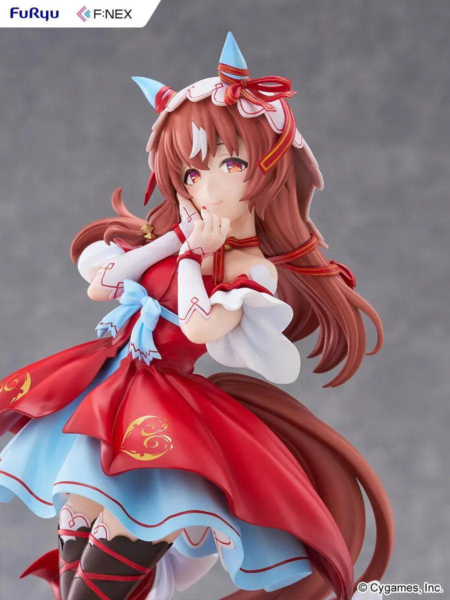 Umamusume Pretty Derby Still in Love 1/7 scale figure in a red and blue performance outfit on a heart-shaped display base