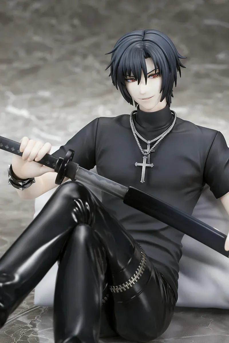 Shiki 1/7 scale figure from Togainu no Chi sitting with sword wearing black outfit on cushion base