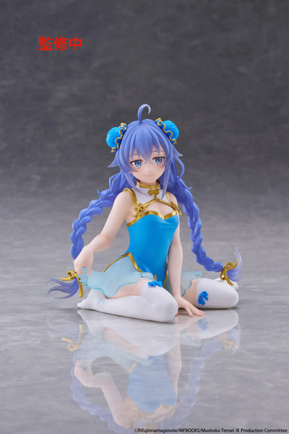 Mushoku Tensei Desktop Cute Roxy Migurdia Chinese Dress Ver. figure seated in a blue-and-gold dress with long braided hair.