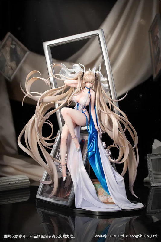 Azur Lane Formidable Anniversary Memories Ver. 1/7 Scale Figure featuring Formidable with long blonde hair, blue-and-white outfit, elegant seated pose, and mirror-style display base.