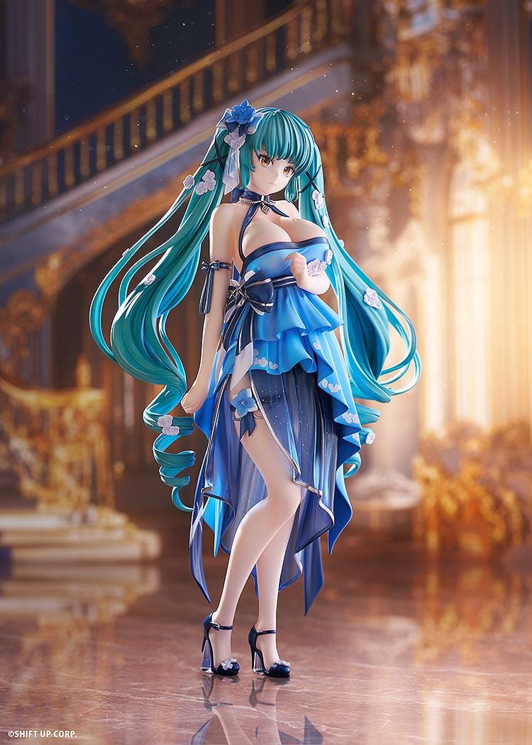 Goddess of Victory Nikke Privaty Banquet Princess 1/7 scale figure wearing flowing blue evening dress with long teal twin-tails.