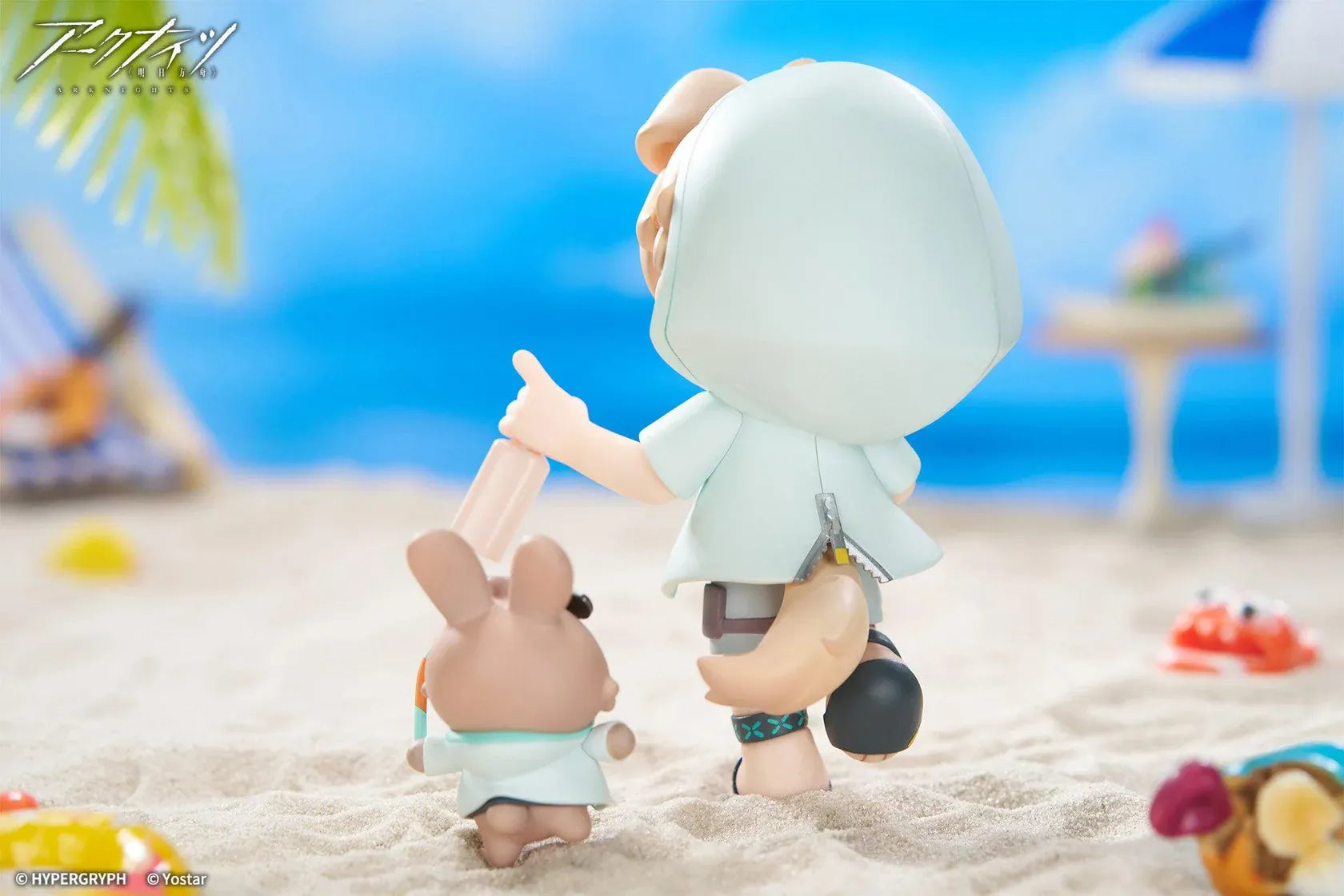Arknights Cuties Series Tequila Chibi Figure with bunny companion, sunglasses, tropical beach umbrella, palm tree, and beach accessories
