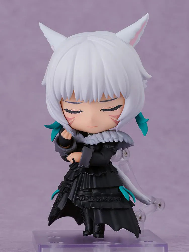 Final Fantasy XIV Nendoroid Y'shtola Figure featuring Y'shtola in a chibi-style design with white hair, cat-like ears, black outfit, and ornate staff accessory.