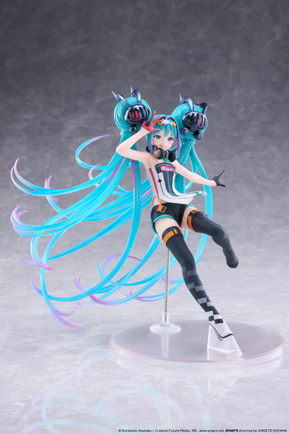Hatsune Miku Taito Kuji Racing Miku 2026 figure wearing a futuristic racing outfit with flowing turquoise twin-tails and headphones.