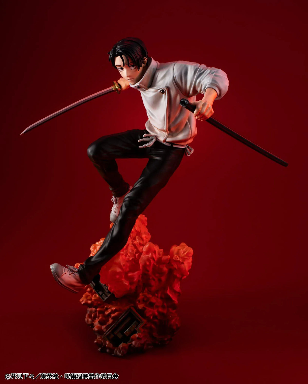 Jujutsu Kaisen Yuta Okkotsu The Culling Game figure in an airborne sword pose, wearing a white jacket and black trousers above an orange effect base.