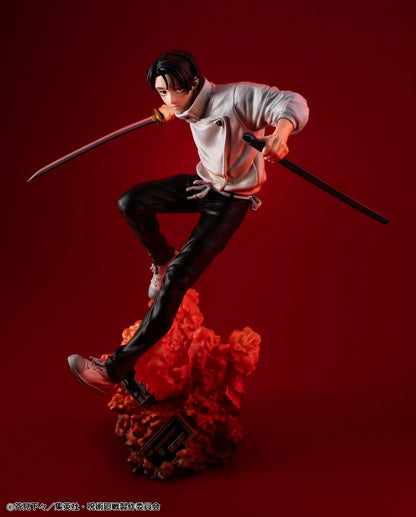 Jujutsu Kaisen Yuta Okkotsu The Culling Game figure in an airborne sword pose, wearing a white jacket and black trousers above an orange effect base.